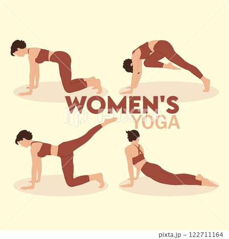 Set vector women yoga. Warm up movement exercises for women, body goals, women's leggings. flat brown color. icon set 122711164