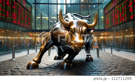 Charging bull statue symbolizing optimism in financial district Charging bull statue symbolizing optimism in financial district 122711209