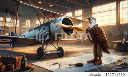 Eagle aircraft mechanic inspecting biplane in hangar 122711230