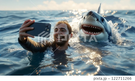 Adventurous man taking selfie with great white shark in ocean Adventurous man taking selfie with great white shark in ocean 122711266