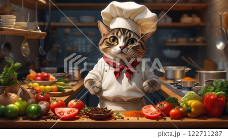 Cat chef preparing ingredients in a restaurant kitchen 122711287