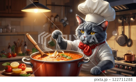 Cat chef cooking soup in kitchen: funny animal character illustration 122711288