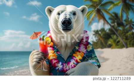 Polar bear enjoying tropical vacation with cocktail on beach 122711289