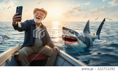 Senior man taking a selfie with a great white shark from a boat 122711292