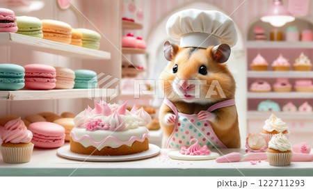 Hamster pastry chef is decorating cake in a pink pastry shop 122711293