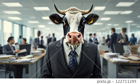 Cow in suit and tie working in busy office environment 122711295