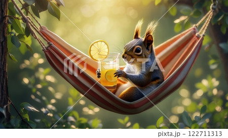 Squirrel relaxing in hammock with lemonade enjoying summer vacation 122711313