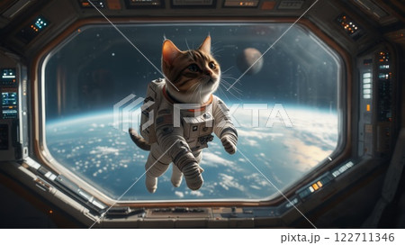 Curious astronaut cat floating in spacecraft, observing earth 122711346