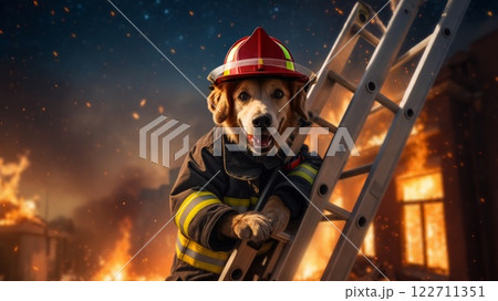 Hero dog rescuing people from burning building with firefighters uniform 122711351
