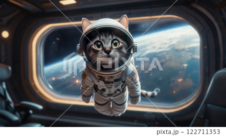 Curious astronaut cat floating in spacecraft, observing earth 122711353