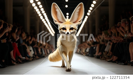 Fennec fox strutting confidently on fashion runway: a whimsical blend of wildlife and haute couture 122711354