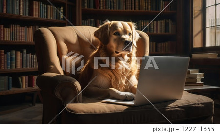 Golden retriever dog working on laptop in library armchair 122711355