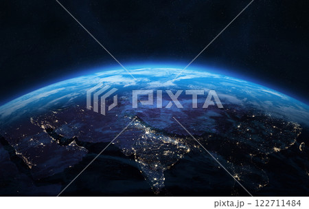 Nightly Earth planet. Space banner template. Asia. 122711484