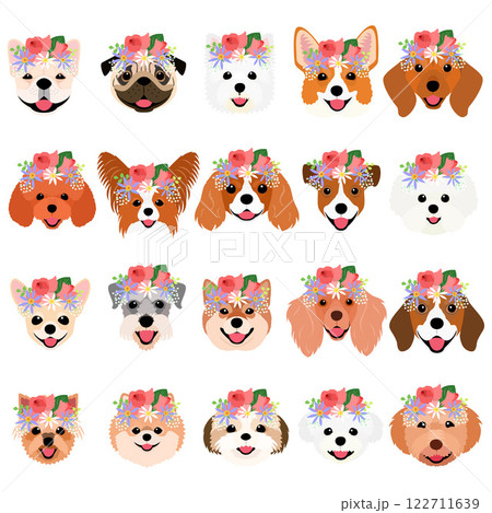 花輪をつけたかわいい犬の顔セット 122711639