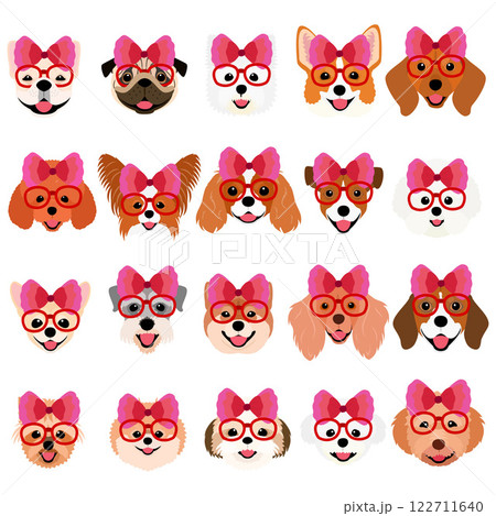 リボンと眼鏡をつけたかわいい犬の顔セット 122711640