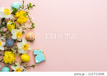 Spring flowers and Easter eggs and bunnies 122711696