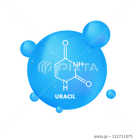 Uracil formula with molecules floating in a blue sphere representing innovative scientific research 122711875