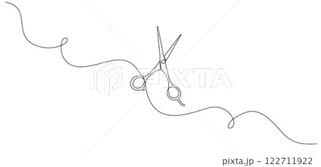 Continuous line drawing of hair scissors in a simple linear style. Great for a hair salon logo or web banner. Editable stroke for customization. Doodle style vector illustration. Continuous line drawing of hair scissors in a simple linear style. Great for a hair salon logo or web banner. Editable stroke for customization. Doodle style vector illustration. 122711922
