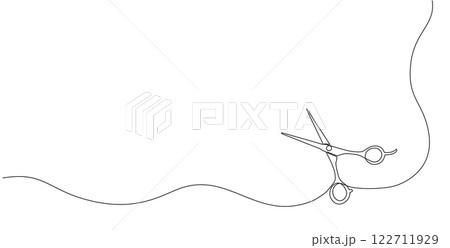 One continuous line drawing of hair scissors. Modern design for hair salon or barber shop symbol. Editable stroke. Vector Illustration. One continuous line drawing of hair scissors. Modern design for hair salon or barber shop symbol. Editable stroke. Vector Illustration. 122711929