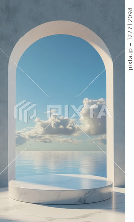 Minimalist arch with ocean view and serene blue sky, architectural tranquility concept 122712098