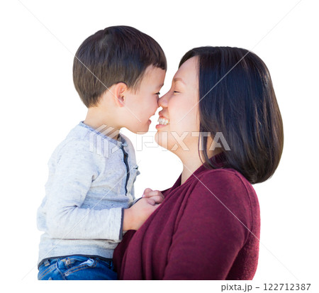 Chinese Mother and Mixed Race Caucasian and Chinese Son Portrait Isolated on a White Background. Chinese Mother and Mixed Race Caucasian and Chinese Son Portrait Isolated on a White Background. 122712387
