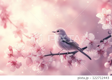 Small bird on cherry blossom branch in soft pink light 122712443