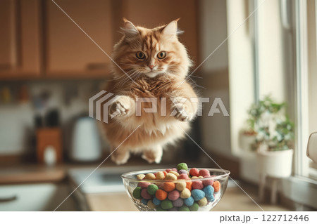 Cat jumping towards bowl of colorful food in kitchen 122712446