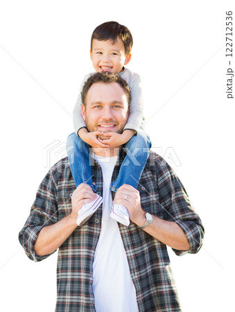 Happy Mixed Race Father and Son Riding Piggyback Isolated on a White Background. 122712536