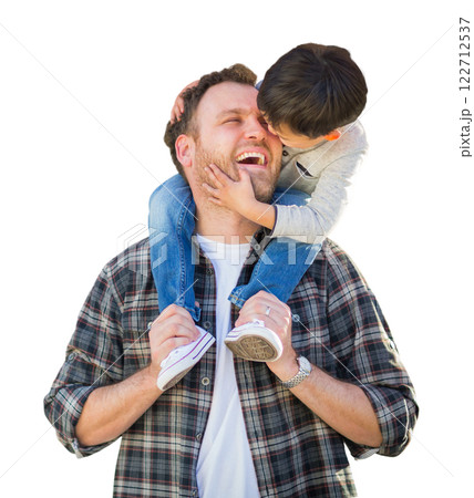 Happy Mixed Race Father and Son Riding Piggyback Isolated on a White Background. 122712537