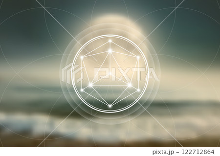 Sacred Geometry, Mystical Merkaba spiritual new age spiritual symbol with interlocking circles, triangles and glowing particles of blurry natural futuristic lunar landscape background, vector design 122712864