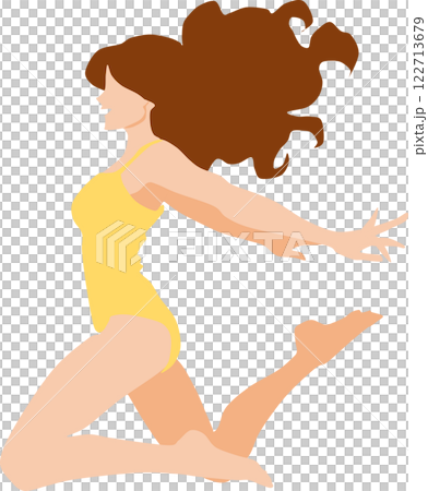 波打ち際(海・浜)でジャンプをする女性のイラスト 122713679