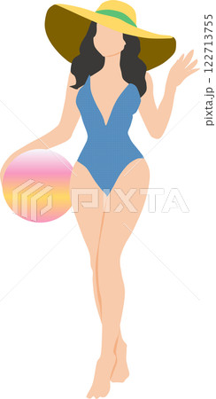 浜辺でポーズをとる水着を着た女性のイラスト	 122713755
