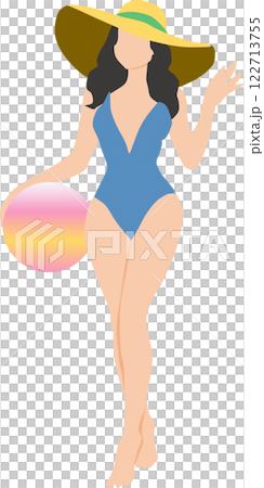 浜辺でポーズをとる水着を着た女性のイラスト	 122713755