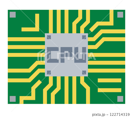 パソコンの性能を左右する基盤にあるCPU半導体のイラスト パソコンの性能を左右する基盤にあるCPU半導体のイラスト 122714319