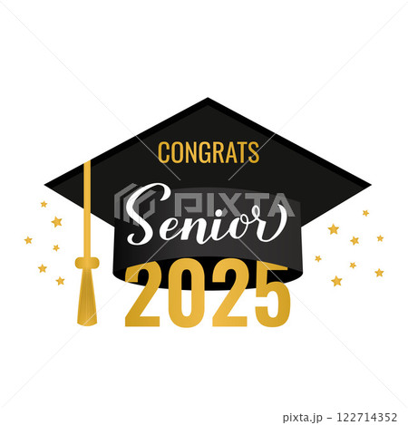 Senior 2025 lettering with graduation cap isolated on white. Congratulations to graduates typography poster. Vector template for greeting card, banner, sticker, label, shirt, etc. 122714352