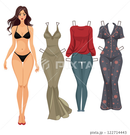 paper doll with cut out clothes. included in the set. doll, holiday dress, pajamas, jeans with a sweater. vector illustration paper doll with cut out clothes. included in the set. doll, holiday dress, pajamas, jeans with a sweater. vector illustration 122714443