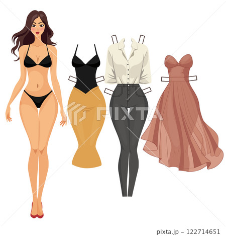paper doll with cut out clothes. The set includes a doll, a festive dress, a skirt with a blouse, trousers with a shirt. vector illustration 122714651