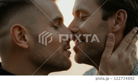 Romantic moment between two young adult caucasian males embracing affectionately at sunset Romantic moment between two young adult caucasian males embracing affectionately at sunset 122714892