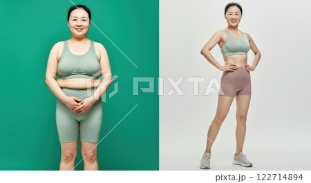 Transformation journey of mature asian woman in athletic wear highlighting fitness and confidence Transformation journey of mature asian woman in athletic wear highlighting fitness and confidence 122714894
