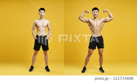 Asian male fitness transformation showcasing muscle growth on yellow background Asian male fitness transformation showcasing muscle growth on yellow background 122714896