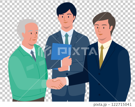 一位年長的經理將工廠轉讓給併購經紀人,一位來自買方公司的年輕人握手的向量插圖 一位年長的經理將工廠轉讓給併購經紀人,一位來自買方公司的年輕人握手的向量插圖 122715041