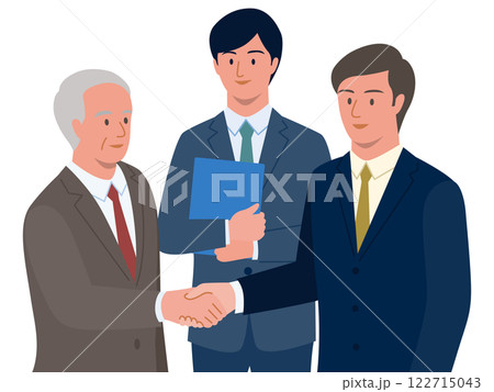 M&A仲介業者と会社を譲渡する高齢の経営者と買い手企業の若者が握手するベクターイラスト M&A仲介業者と会社を譲渡する高齢の経営者と買い手企業の若者が握手するベクターイラスト 122715043