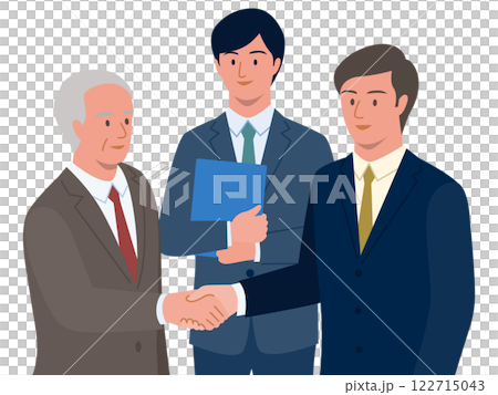 M&A仲介業者と会社を譲渡する高齢の経営者と買い手企業の若者が握手するベクターイラスト M&A仲介業者と会社を譲渡する高齢の経営者と買い手企業の若者が握手するベクターイラスト 122715043
