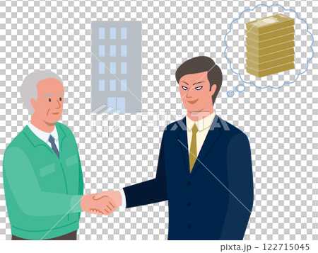 M＆Aで会社を譲渡する高齢の経営者と買い手企業のM＆A詐欺の若者が握手するベクターイラスト 122715045