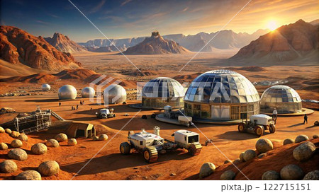 A futuristic, domed settlement on a red planet, with a sunset in the 122715151