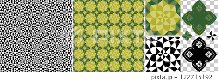 無縫圖案紋理與裝飾設計“植物圖像幾何圖案”綠色和單色 122715192