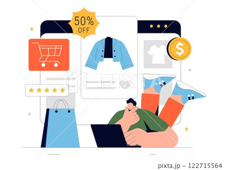 E-commerce Business Illustration featuring the Process of Online Buying and Selling Transactions, Promotional Offers, Ratings, and Customer Feedback E-commerce Business Illustration featuring the Process of Online Buying and Selling Transactions, Promotional Offers, Ratings, and Customer Feedback 122715564