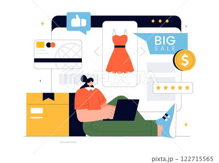 E-commerce Business Illustration featuring the Process of Online Buying and Selling Transactions, Promotional Offers, Ratings, and Customer Feedback E-commerce Business Illustration featuring the Process of Online Buying and Selling Transactions, Promotional Offers, Ratings, and Customer Feedback 122715565