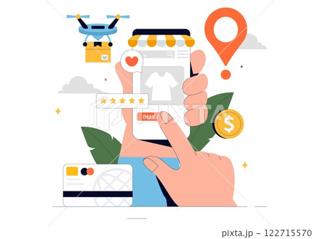 E-commerce Business Illustration featuring the Process of Online Buying and Selling Transactions, Promotional Offers, Ratings, and Customer Feedback E-commerce Business Illustration featuring the Process of Online Buying and Selling Transactions, Promotional Offers, Ratings, and Customer Feedback 122715570