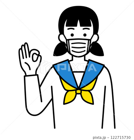 マスクをしてOKサインをする女子学生 122715730